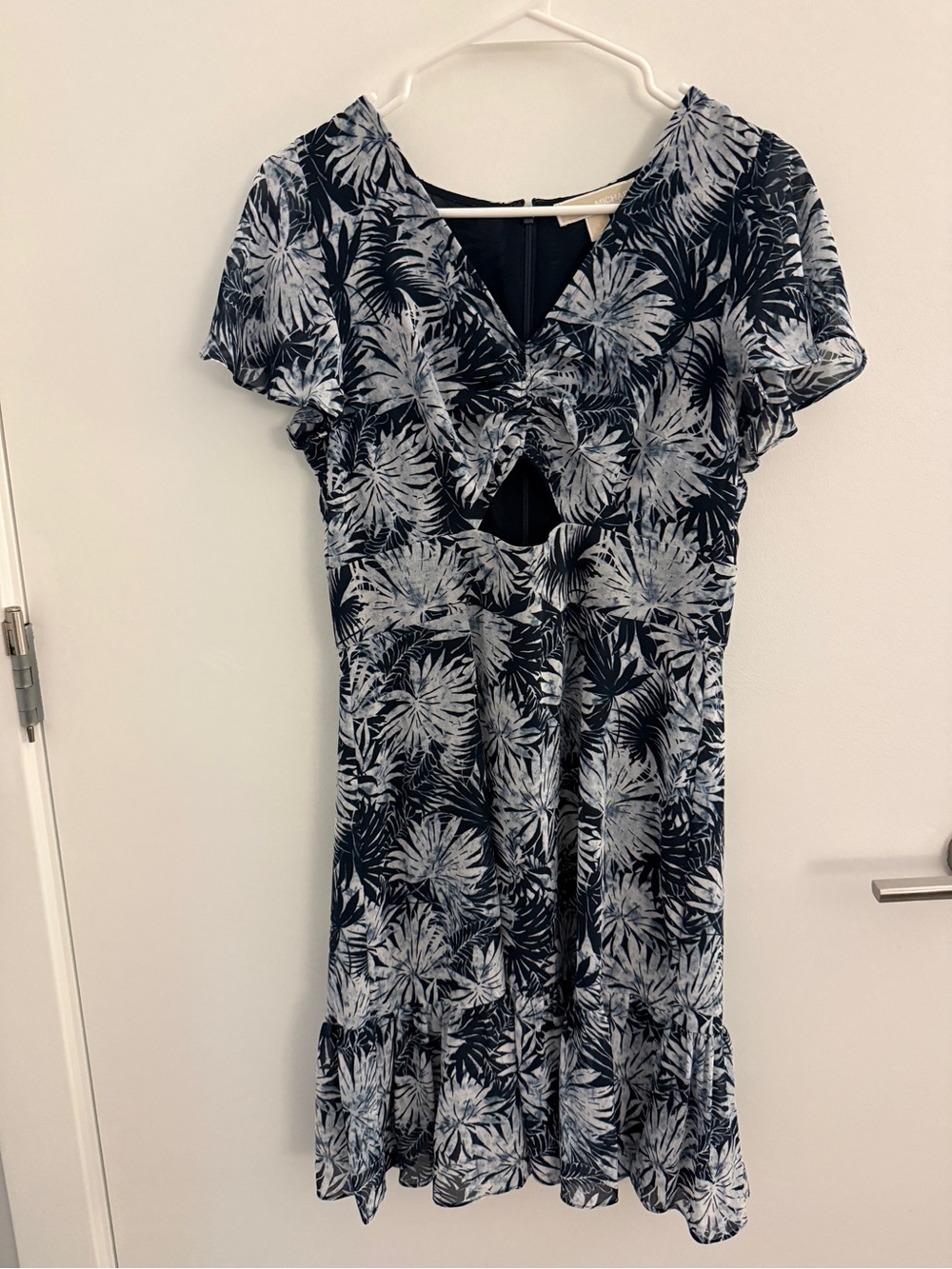 Michael Kors Navy and White Tropical Twist-Front Mini Dress